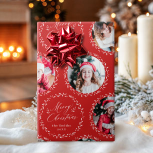 Red Modern Script Merry Christmas Family 6 photo Wrapping Paper