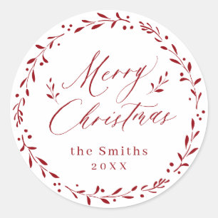 Red Modern script Merry Christmas Holiday Gift Classic Round Sticker