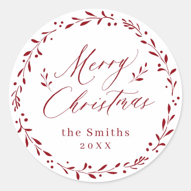 Red Modern script Merry Christmas Holiday Gift Classic Round Sticker (Front)
