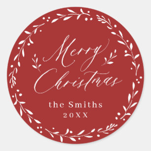 Red Modern script Merry Christmas holiday gift Classic Round Sticker