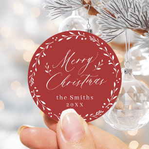 Red Modern script Merry Christmas holiday gift Classic Round Sticker