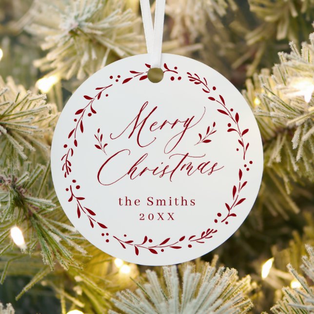 Red Modern script Merry Christmas Holiday Metal Ornament (Insitu)