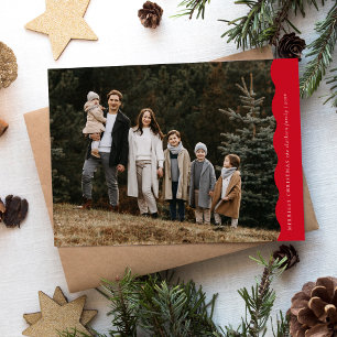 Red Modern Simple Wavy Two Photo Christmas  Holiday Card