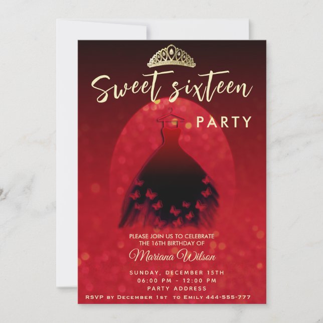Red Modern spotlight  bokeh butterfly dress tiara Invitation (Front)