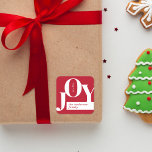 Red Modern Typography Christmas Joy Square Sticker<br><div class="desc">Unwrap joy with our modern Christmas sticker! Great for Christmas gift labels and more! Our Christmas Joy sticker features the word "JOY" placed in a fun way across the design area. You can easily add your family name and year by clicking on "Personalize this template". Spread holiday joy to your...</div>