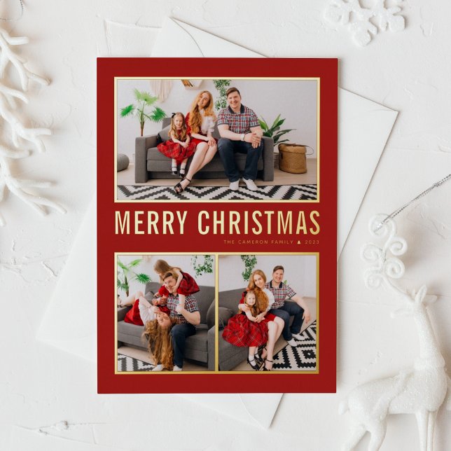 Red Modern Typography Christmas Three Photo Foil Holiday Card (Creator Uploaded)