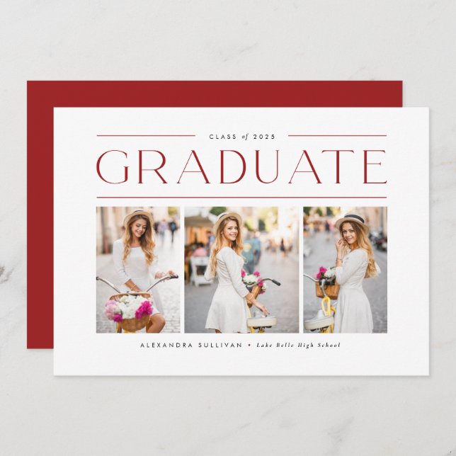 Red Modern Typography Photo Collage Graduation Invitation (Front/Back)