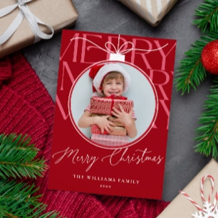 RED MODERN TYPOGRAPHY PHOTO ORNAMENT  HOLIDAY CARD