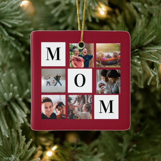 Red Mom Colorblock Photo Collage Personalized  Ceramic Ornament (Tree)