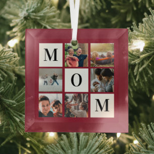 Red Mom Colorblock Photo Collage Personalized  Glass Ornament