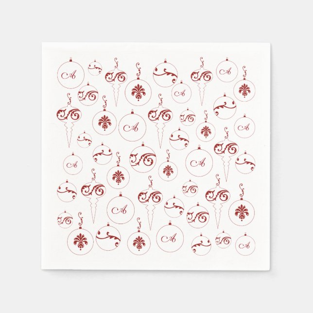 Red Monogram Bauble Ornaments Pattern Christmas Napkin (Front)