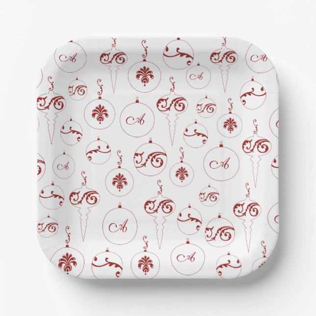 Red Monogram Bauble Ornaments Pattern Christmas Paper Plate (Front)