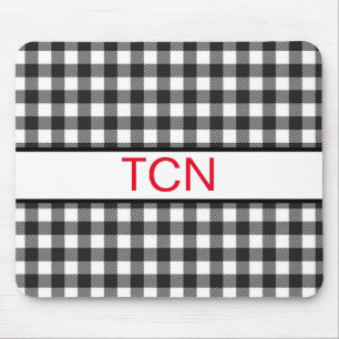 Red Monogram Black and White Buffalo Plaid Mouse Pad