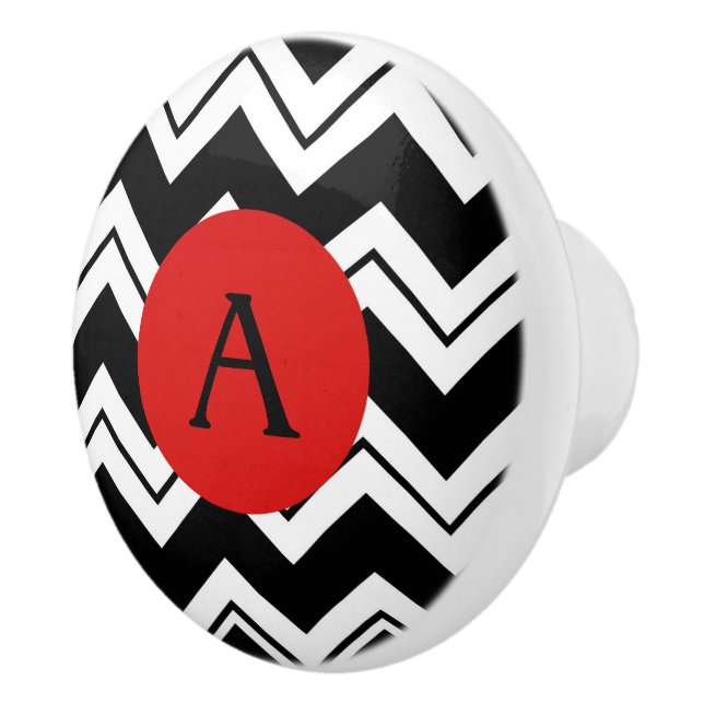 Red Monogram Black White Chevron ZizZag Ceramic Knob (Right)