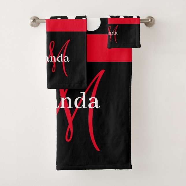 Red Monogram Black White Polka Dot Bath Towel Set (Insitu)