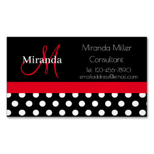 Red Monogram Black White Polka Dot  Magnetic Business Card