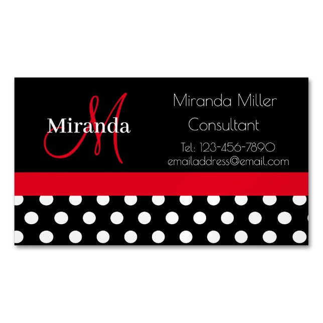 Red Monogram Black White Polka Dot  Magnetic Business Card (Front)