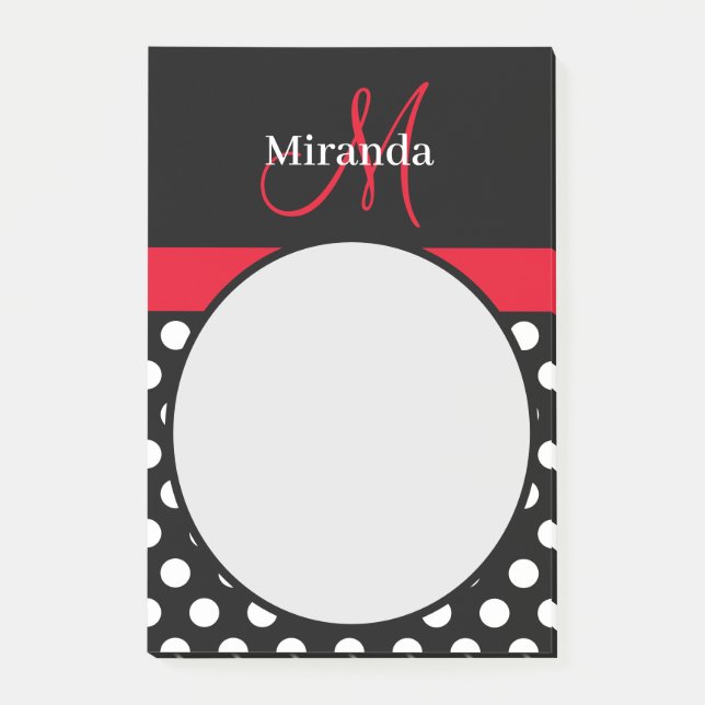 Red Monogram Black White Polka Dot Post-it Notes (Front)