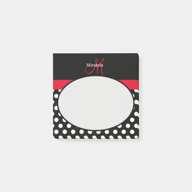 Red Monogram Black White Polka Dot Post-it Notes (Front)