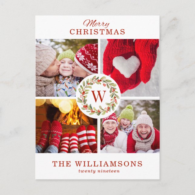 Red Monogram Christmas Berry Wreath  | 4 Photo Holiday Postcard (Front)