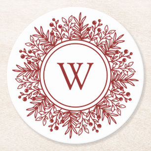 Red Monogram Christmas Round Paper Coaster