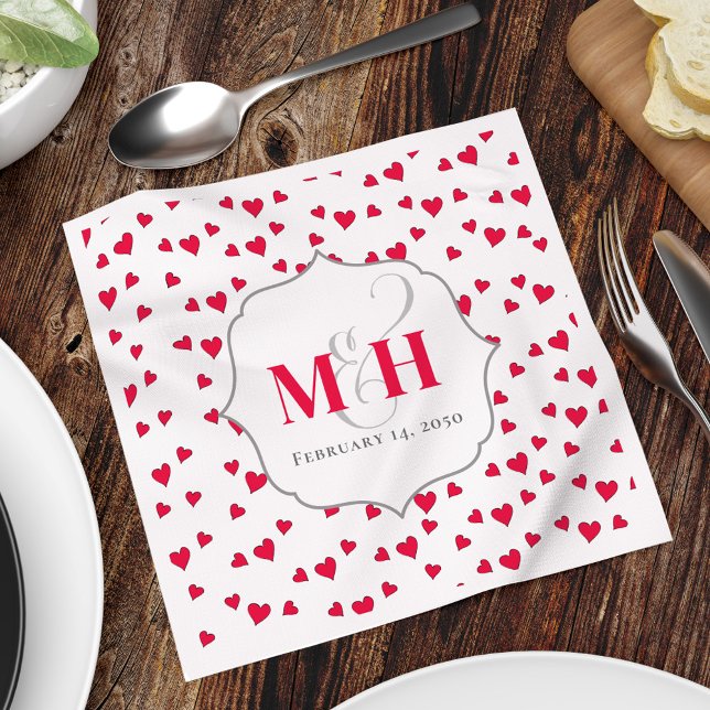 Red Monogram Cute Hearts Personalized Napkin (Cute napkin hearts monogram napkins.)