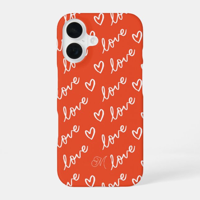Red Monogram Cute Love Hearts Pattern iPhone 16 Case (Back)