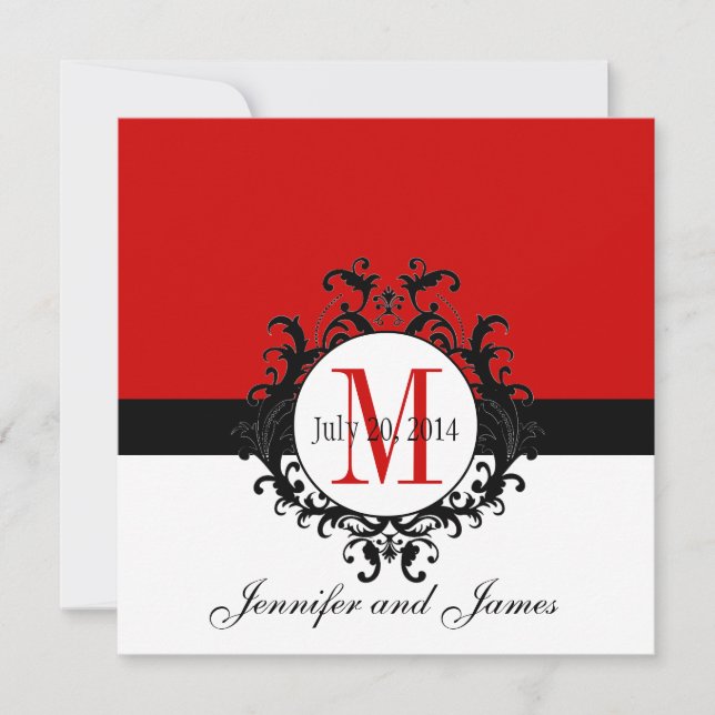 Red Monogram Damask Wedding Invitations (Front)