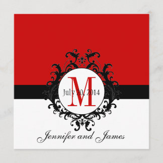 Red Monogram Damask Wedding Invitations