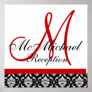 Red Monogram Damask Wedding Reception Poster