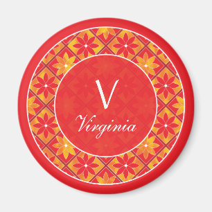Red Monogram Decorative Floral Tiles Magnet