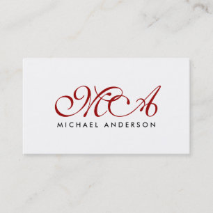 Red Monogram Elegant Script Plain White Business Card