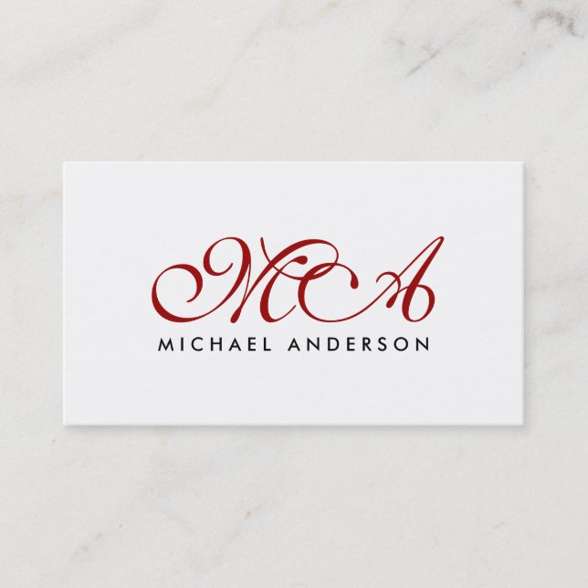 Red Monogram Elegant Script Plain White Business Card (Front)