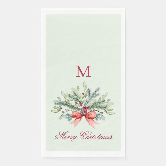 Red Monogram Greenery Merry Christmas Napkin (Front)
