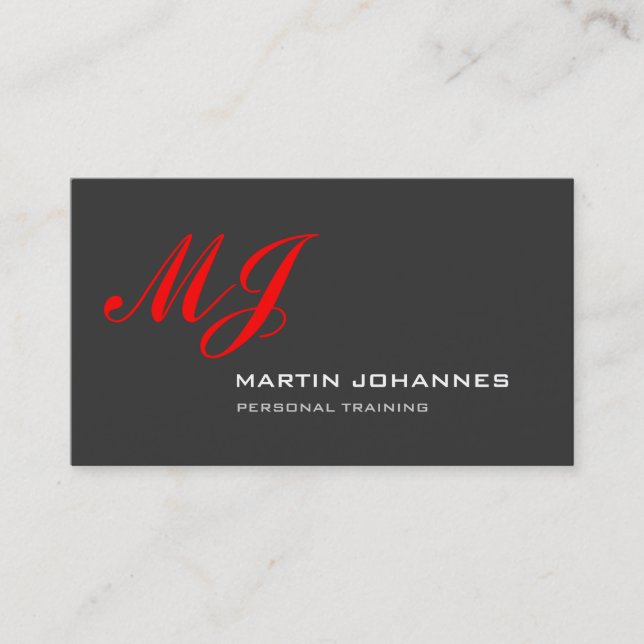 Red Monogram Grey Personal Trainer Business Card (Front)