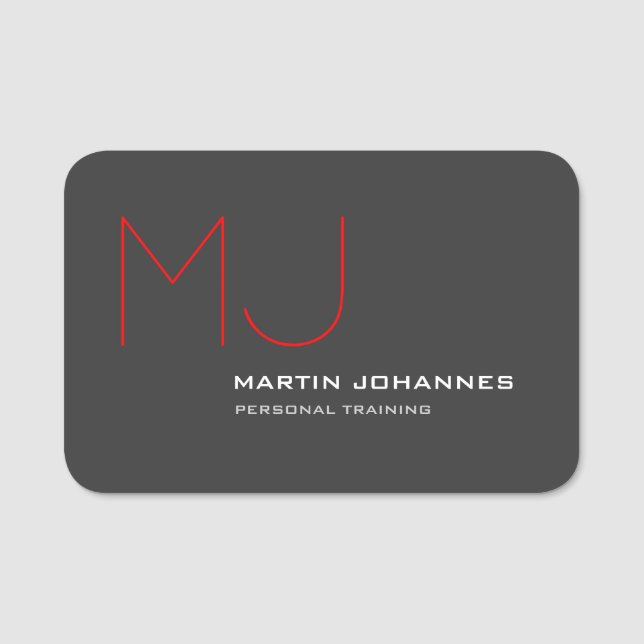 Red Monogram Grey Personal Trainer Business Name Tag (Front)