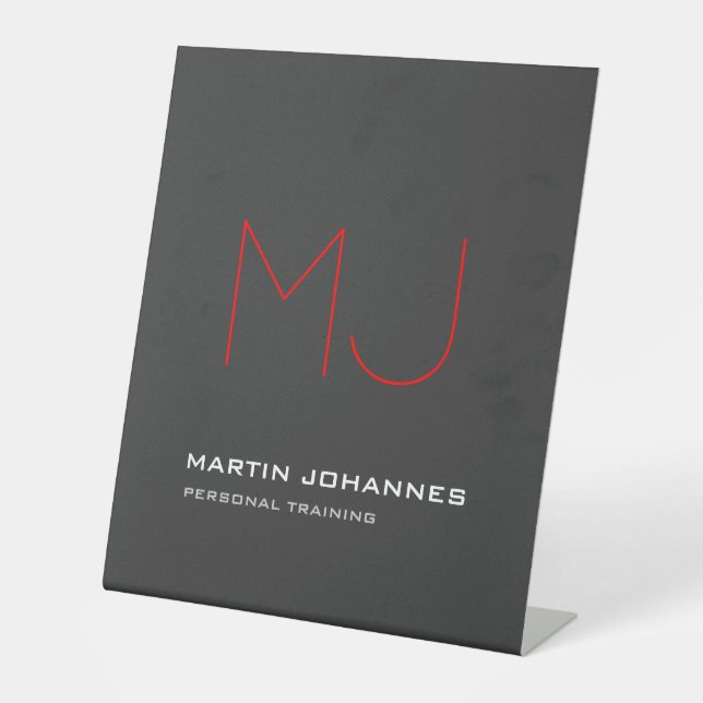 Red Monogram Grey Personal Trainer Business Pedestal Sign (Front)