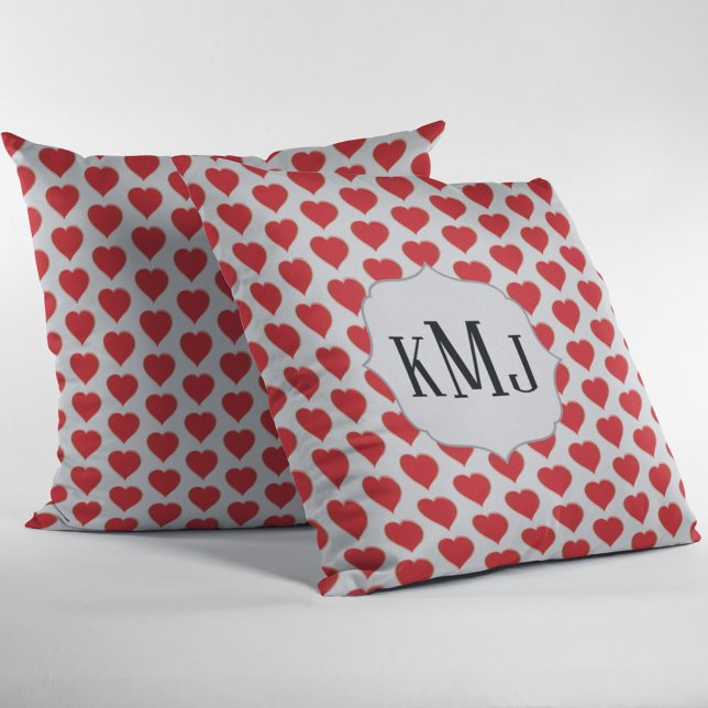Red Monogram Heart Pattern Custom Throw Pillow (Cute heart pattern monogram pillow. )