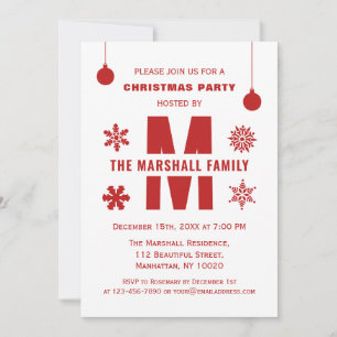 Red Monogram Holiday Party Merry Christmas Balls Invitation