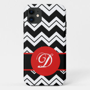 Red Monogram Initial Black White Chevron ZizZag iPhone 11 Case
