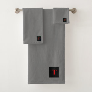 RED MONOGRAM INITIAL T ON GRAY BATH TOWEL SET