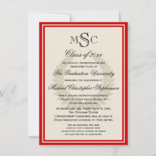 Red Monogram Laurel Classic College Graduation Invitation