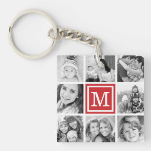 Red Monogram Photo Collage Keychain