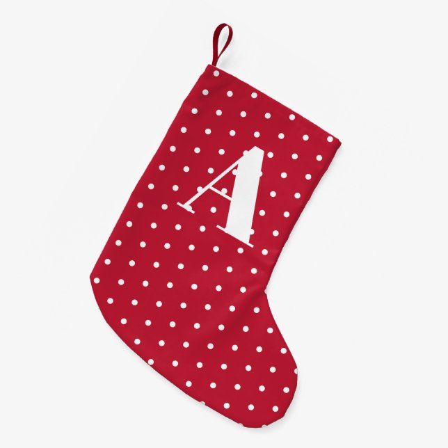 Red Monogram Polka Dots Double Sided Small Christmas Stocking (Front (Hanging))