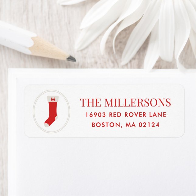 Red Monogram Stocking Holiday Return Address (Insitu)