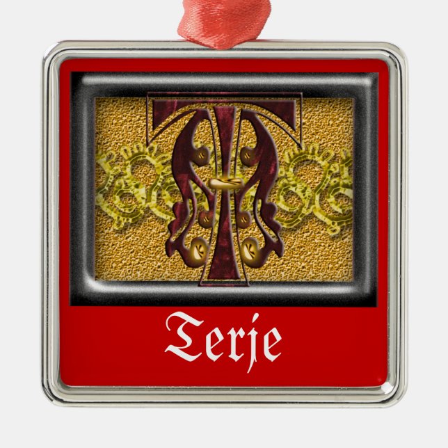 red monogram T Metal Ornament (Front)