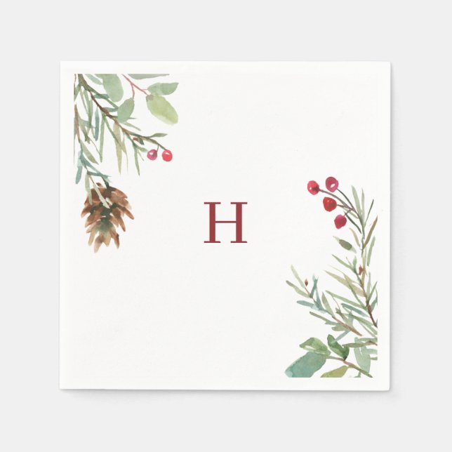 Red Monogram Watercolor Christmas Greenery Berry Napkin (Front)
