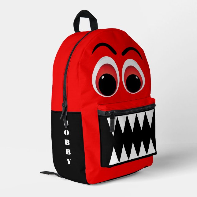 Red Monster Big Eyes and Jagged Teeth Personalised Printed Backpack (Back Corner Left)