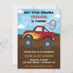 Red Monster Truck 9th Birthday Party Invitation