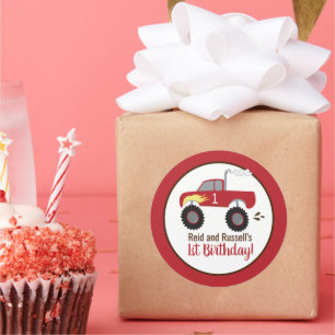 Red Monster Truck Birthday Favor  Classic Round Sticker